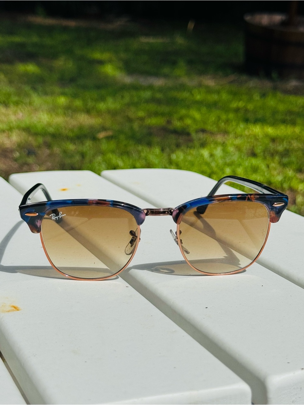 Ray-Ban Clubmaster Sunglasses - Blue Tortoise Top with Brown Gradient Lenses